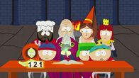 South Park – Kenny (l.), Chef (2.v.l.), Stan (3.v.l.), Excalibur Sorcerer (m.), Kyle (vorne, 2.v.r.), Eric (vorne, r.), Excalibur Barker (hinter, r.)