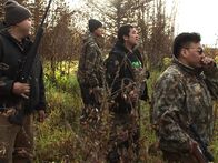 Yukon Men – Patrick Erhart (L), Tyson Len Krista (CL), Joey Zuray (CR) and T'soodenaalneech H.A. Peters (R) have finally arrived to Fish Lake and are hoping to see if the fire has driven all the moose away from this sacred hunting area.