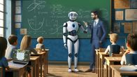 alpha-thema: Bildungssystem: Chance oder Risiko - Wie wird KI die Schule verändern? – Ein Lehrer steht im Mathematikunterricht mit einem Lernroboter vor der Tafel im Klassenzimmer.