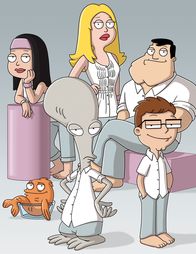 American Dad! – L-R: Hayley, Klaus, Roger, Francine, Stan, Steve.