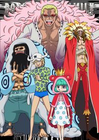 One Piece – (v.l.n.r.) Trébol; Dellinger; Don Quichotte de Flamingo; Sugar; Diamante