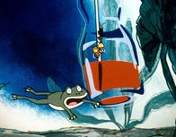 Biene Maja – Alle drei retten sich vor dem Frosch in die Flasche.