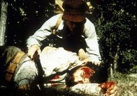 Unsere kleine Farm – Nach dem Angriff eines Bären liegt Edwards (Victor French, liegend) schwer verletzt auf dem Boden. Er bittet John (Radames Pera), Hilfe zu holen.