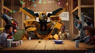 Transformers Earth Spark – L-R: Robby Malto, Twitch Malto, Bumblebee, Dot Malto, Thrash Malto, Morgan "Mo" Malto