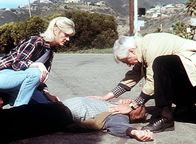 Diagnose: Mord – Steve (Barry Van Dyke, liegend) ist von einem flüchtenden Gangster angefahren worden. Dr. Mark Sloan (Dick Van Dyke, r.) und Carol (Stacy Van Dyke) leisten erste Hilfe.