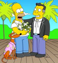Die Simpsons – Homer Simpson (M.) winkt viel Geld und Ruhm, denn Knecht Ruprecht (l.) wird von H.K. Duff VII (r.) als neues Maskottchen der Duff-Brauerei auserwählt ...