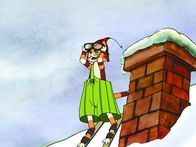 Morgen, Findus, wird's was geben – Wenn kein Berg da ist, fährt Findus eben das schneebedeckte Dach hinab.