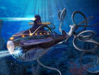 Expeditionen: Helden der Evolution – 3D-Illustration eines Kraken, der ein U-Boot angreift.