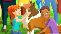 Lassie – Zoe (li.) und Harvey (re.) nehmen gemeinsam mit Lassie am Wettbewerb "Die Wildnis ruft" teil.