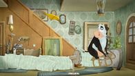 Lieselotte – Lieselotte rauscht mit ihrem Schlitten die Treppe hinunter und an der Haustür vorbei.