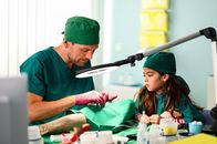 Bettys Diagnose – Dr. Walden (Constantin Lücke, r.), nimmt der kleinen Jonna (Soraya Maria Efe, l.) die Angst, dass ihrer Mutter bei der OP etwas zustoßen könnte, indem ihr alle Schritte mithilfe von Knete erklärt.