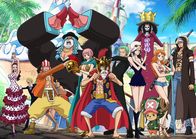 One Piece – (v.l.n.r.) Viola; Sanji; Lysop; Franky; Rebecca; Ruffy; Zorro; Robin; Brook; Nami; Law; (vorne) Chopper