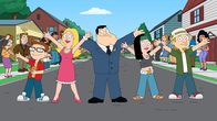 American Dad! – Vorne, l-r: Klaus, Steve, Francine, Stan, Hayley und Jeff