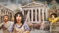 Schätze des Römischen Reichs – 2D CGI eines Erdbebens in einer Straße von Pompeji vor dem Ausbruch des Vesuvs in Pompeji, Italien. (Windfall Films)