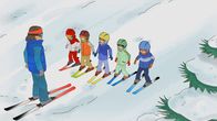 Meine Freundin Conni – Alex ist Connis Skilehrer, geduldig erklärt er ihr und den anderen Kindern, wie sie bremsen sollen.