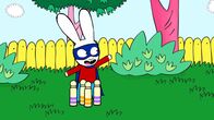 Simon – Simon will im Garten alle Kegel auf einmal umwerfen.