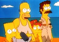 Die Simpsons – Bart, Homer, Rod und Flanders sind mit ihrem Boot aufs Meer hinausgetrieben worden.