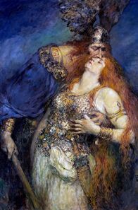 Die Mythen der Wikinger – Das Gemälde „Wotans Abschied von Brunhilde“ von Ferdinand Leeke aus dem Jahr 1908 ist inspiriert von den Nibelungensagen.