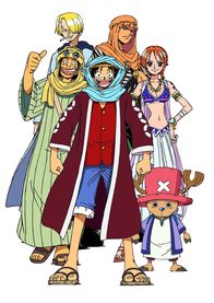 One Piece – Gemeinsam stellen sie sich den Abenteuern: Monkey D. Ruffy (M.), Roronoa Zoro (hinten r.), Usopp (vorne l.), Sanji (hintenl.), Nami (r.) und der Elch und Schiffsarzt Tony Chopper ...