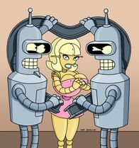 Futurama – Angleyne (m.) gesteht Bender (r.), dass sie eigentlich Flexo (l.) liebt ...