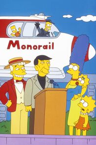 Die Simpsons – Die Einschienenbahn wird von Mr. Lanley (l.) und Leonard Nimoy (2.v.l.) eingeweiht. Marge (3.v.r.), Lisa (r.), Bart (oben l.) und Maggie (2.v.r.) sind mächtig stolz auf Homer, der den Job als Zugführer angenommen hat.