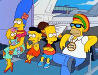 Die Simpsons – Maggie, Marge, Lisa, Bart und Homer warten auf ihren Abflug in den Urlaub.