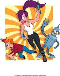 Futurama – (3. Staffel) - Mit seinen neuen Freunden Leela (M.) und Roboter Bender (r.) erkundet Fry (l.) den Weltraum.