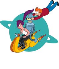 Futurama – (v.l.n.r.) Leela, Bender und Fry starten in den Weltraum, um ihn zu erkunden.