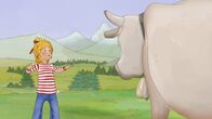 Meine Freundin Conni – Conni erschreckt sich vor der Kuh, die plötzlich im Weg steht.