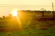 Mit dem Zug ... – Sonnenuntergang mit Lok bei der Fahrt über das Highveld, das zentrale Hochplateau Südafrikas