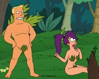 Futurama – Ihr Einsatz ist gründlich schiefgegangen und Leela (r.) stürzt mit Zapp Brannigan (l.) auf die Erde, wo er sie glauben lassen will, dass sie die letzten beiden Menschen auf der Erde sind ...