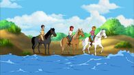 Bibi und Tina – Bibi (r.), Tina (M.) und Alex (l.) staunen, wie schnell das Wasser bei Flut steigt.
