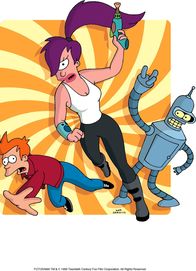 Futurama – (3. Staffel) - Mit seinen neuen Freunden Leela (M.) und Roboter Bender (r.) erkundet Fry (l.) den Weltraum.