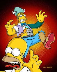 Die Simpsons – Professor Frink soll mit dem Nobelpreis ausgezeichnet werden. Damit sein verstorbener Vater diesem großen Moment beiwohnen kann, erweckt Frink ihn wieder zum Leben. Doch Frink senior (hinten) dreht durch und hat es auf Homer (vorne) abgesehen ...