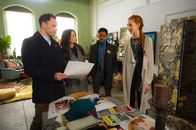 Elementary – L-R: Sherlock Holmes (Jonny Lee Miller), Joan Watson (Lucy Liu) and Detective Marcus Bell (Jon Michael Hill)