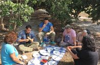 Zu Tisch ... – v.l.: Vaso Chloru, Nikos Kolomvos, Nikos Merges, Giannis Merges, Kalliopi Chloru und Maria Chloru picknicken im Mastix-Hain.