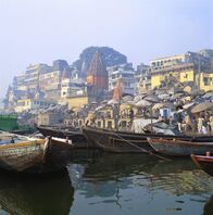 Atlas – Boats Moored in Front of Ghats on the River Ganges, Varanasi, Uttar Pradesh, India