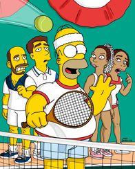 Die Simpsons – Auf dem Tennisplatz geht Homer (M.) den Tennisprofis Pete Sampras (2.v.l.), Andre Agassi (l.) und den Williams-Schwestern gewaltig auf die Nerven.