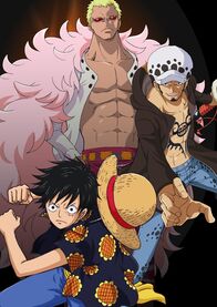 One Piece – (v.l.n.r.) Monkey D. Ruffy; Don Quichotte de Flamingo; Trafalgar D. Water Law