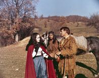 Lederstrumpf – Lederstrumpf (Hellmut Lange, r.) und Chingachgook (Pierre Massimi, Mi.) haben Mabel (Juliette Villard), die Tochter von Major Dunham, im letzten Augenblick vor den Sioux gerettet.