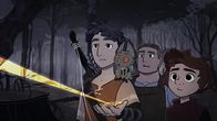 Das Rätsel der Runen – Hugo (l.) und seine Freunde Wace (2.v.l.), Turstin (2.v.r.) und der Kleine Golès (r.) sind nah dran, den dritten Stein des Rollo zu finden.