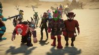 Dead Pixels – Die Avatare von Meg (Alexa Davies, 3.v.l.), Nicky (Will Merrick, 5.v.l.) und Usman (Sargon Yelda, 2.v.r.) stehen in der Schlange, um gegen einen Raid-Boss zu kämpfen. Usman hat seinen Paar-Therapeuten Dr. Larry (Tommie Earl Jenkins, r.) mitgenommen.