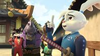 Samurai Rabbit: Die Usagi-Chroniken – Usagi (rechts) ist mächtig stolz auf seine tolle Rettungsaktion. In seinem Erfolgstaumel will er seine Freunde - Chizu, Gen und Kitsune (von links nach rechts) - als Sensei unterrichten. Doch er überschätzt sich etwas.