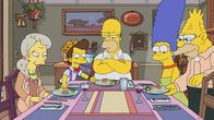 Die Simpsons – (v.l.n.r.) Blythe; Calvin; Homer; Marge; Grampa