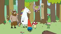 Super Happy Magic Forest – Meister Heiter (r.) empfängt die Helden - Hufius (l.), Blümchen (2.v.l.), Herbert (3.v.l.), Tupfen (3.v.r.) und Twinkle (2.v.r.). Hufius' tausendste Mission steht an. Für die wird er dann auf der Ehrenliste verewigt. Doch Hufius empfindet die anstehende Mission als nicht heldenhaft genug.