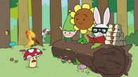 Super Happy Magic Forest – Eine Phoenix-Holzspechtdame lässt sich auf Tupfens Kopf nieder und will dort bleiben. Doch Tupfen stört der ungebetene Gast. Vom Rat des Glücks - Meister Heiter (3. von rechts), Sonnenschein (2. von rechts) und Mümmel vom Amt (rechts) - erwartet er Hilfe in dieser Angelegenheit.