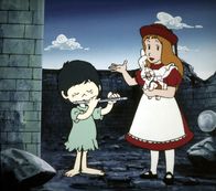 Alice im Wunderland – Der kleine Flötenspieler hat endlich das richtige Publikum gefunden. Alice und Benny Bunny zeigen Verständnis für seine Kunst.