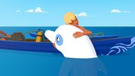 Zoom - Der weiße Delfin – Yann umarmt seinen Freund Zoom. Er hat ihm geholfen, Muscheln zu sammeln. Yann hofft, darin eine schwarze Perle zu finden.