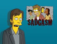 Die Simpsons – Die Musiknachrichten werden unterbrochen und Kurt Loder (l.) verkündet die Auflösung der Grunge-Band "Sadgasm", deren Leadsänger Homer Simpson (3.v.r.) ist ...