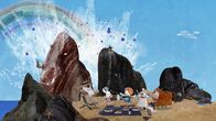 Lilys Strandschatz Eiland – Zum Glück kann Salty das Getöse hinter den wilden Felsen aufklären. So findet das Picknick doch noch statt.